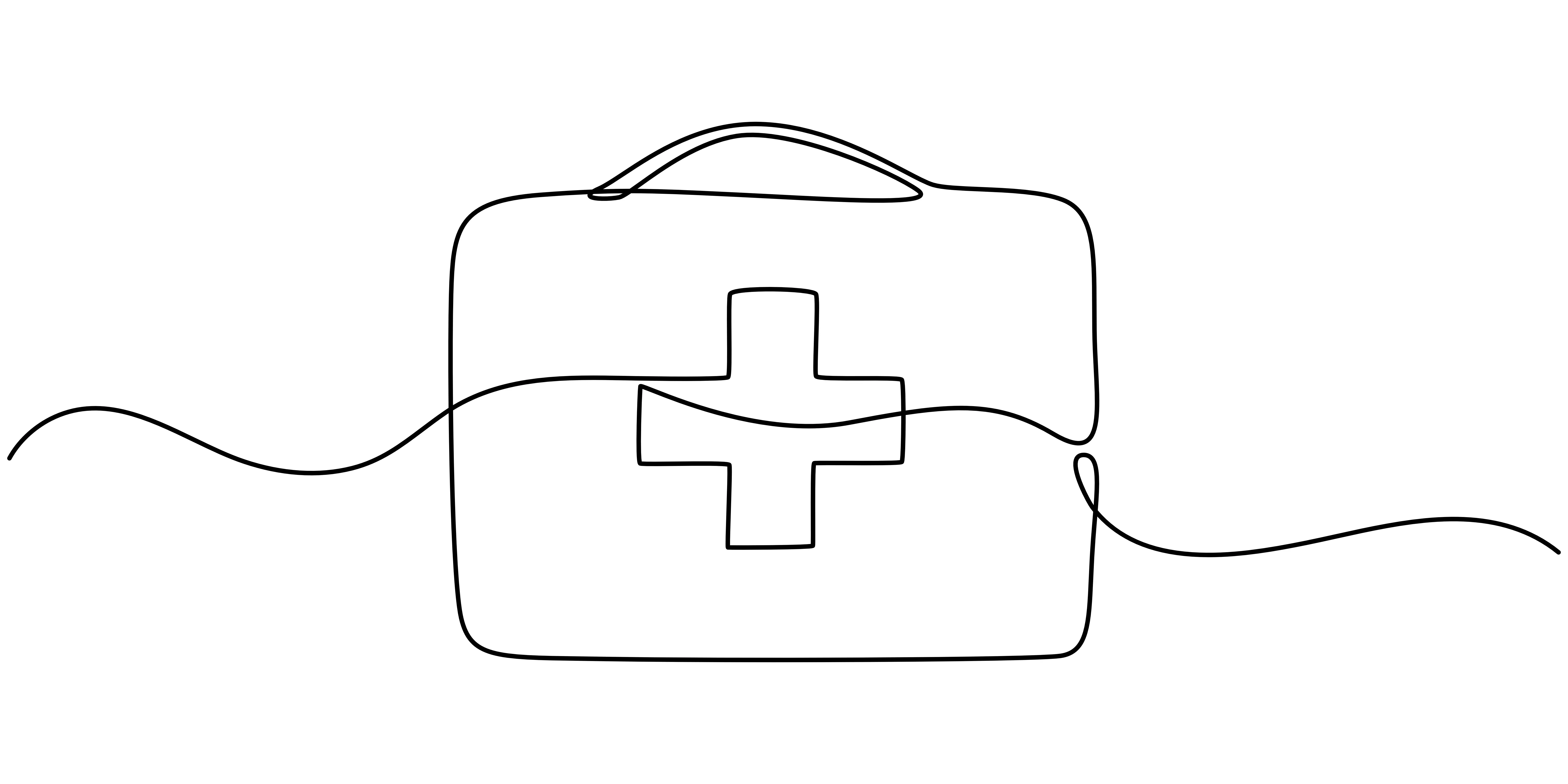 Minimalistische Illustration eines Erste-Hilfe-Koffers als Symbol für Gesundheit und Versorgung.